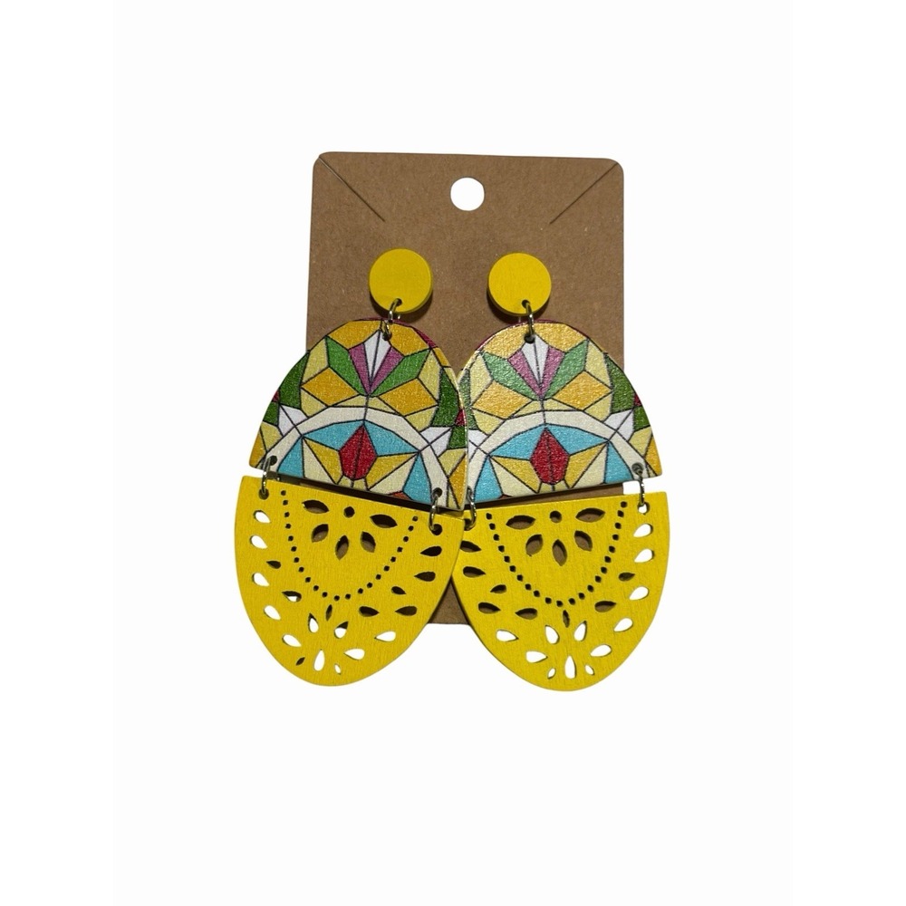 Yellow Geometric Stained Glass Laser‎ Cut Wood Boho Statement Drop Earrings